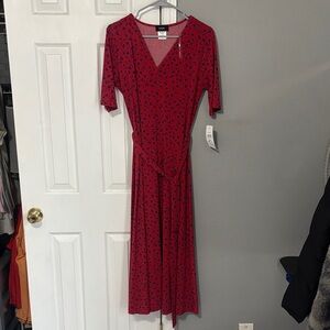 MSK Red Floral Wrap-Style Midi Dress